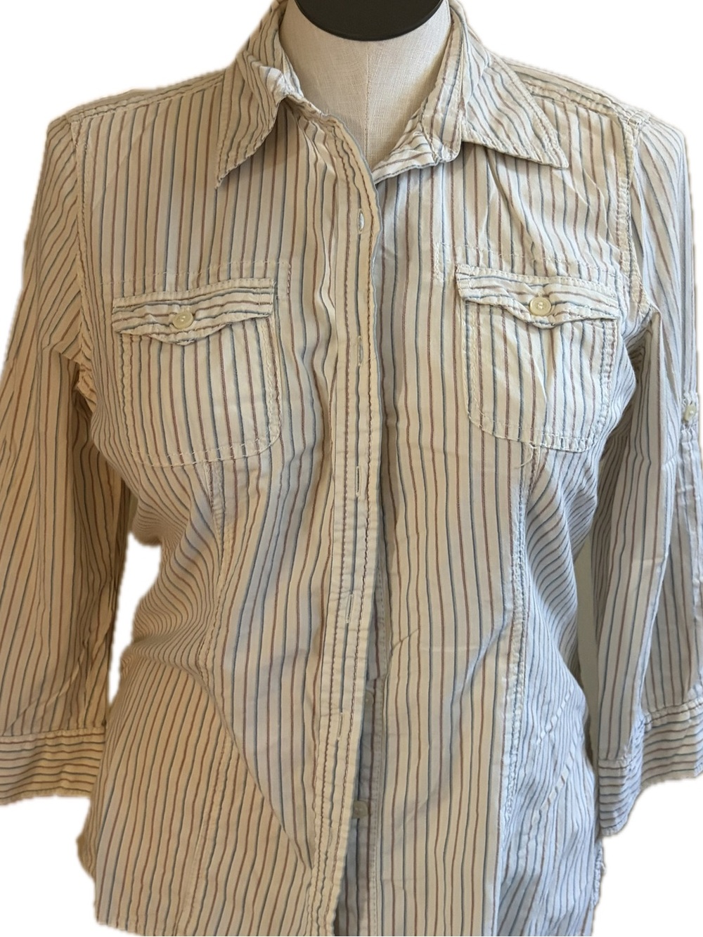 LIZ CLAIBORNE Casual Striped Button-Up Shirt - Cream Blue Pink size large